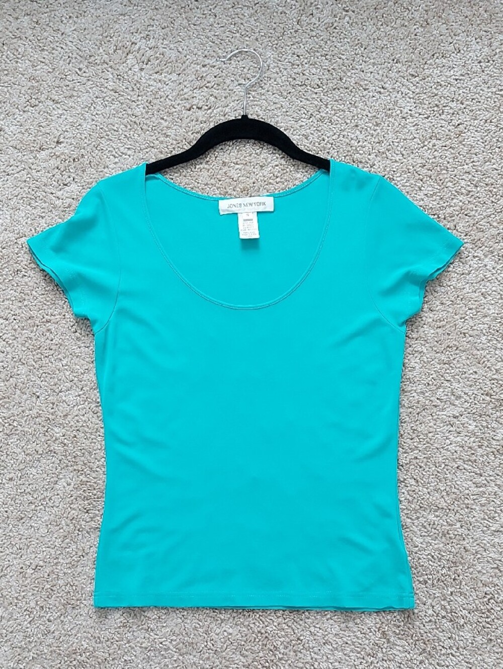 Jones New York 100% Silk Turquoise Stretch Knit Tee Top Short Sleeve
